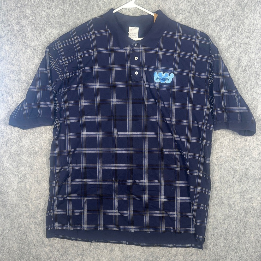 Disney Store Mens XXL Navy Blue Plaid Mickey Mouse Embroidered Cotton Polo Shirt